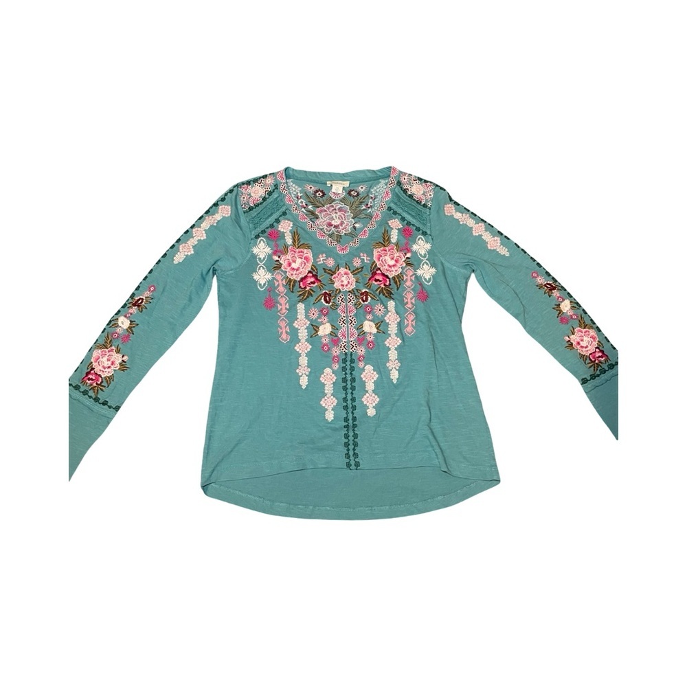 Sundance Glacier Garden Sz XS Turquoise Embroidered long sleeve Top Boho Y2K
